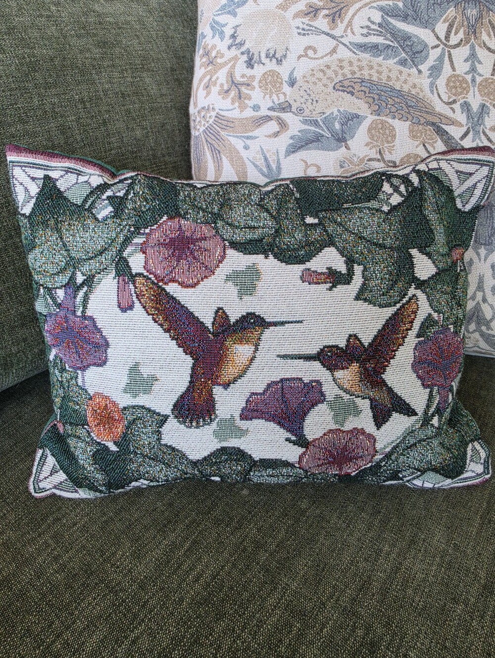Vtg Hummingbird Bird Garden Tapestry Throw Pillow Floral Cottagecore Pillow